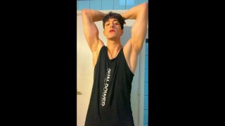 Flexing my armpits and oiling my body in a friend's bathroom