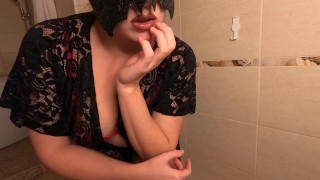 Juicy MILF with big tits closed herself in the toilet from her husband and rubs her pussy