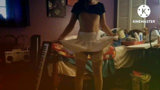 Short femboy strips and rides dildo