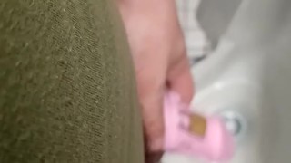 Pissing in mall mens room while sissy caged