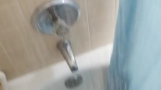 Horny hippy with huge cock jerking off and cumming in the shower
