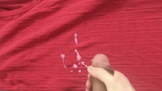 My uncircumcised dick cum on my red shirt