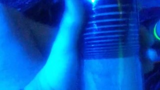 cock and balls pumping up under blue light