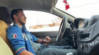 Gay jerk off in car, get caught, no cum.