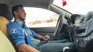 Gay jerk off in car, get caught, no cum.