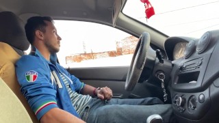 Gay jerk off in car, get caught, no cum.
