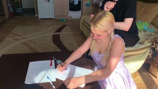 A shy student could not resist the tutor and took his dick in her mouth