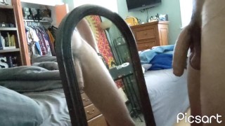 Hung cock squirts all over mirror