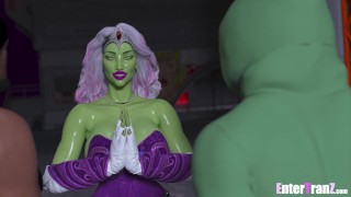 Horny thugs deep fuck a hostile Alien trans bitch