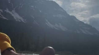 Hot guy jerking off in public with a stunning view