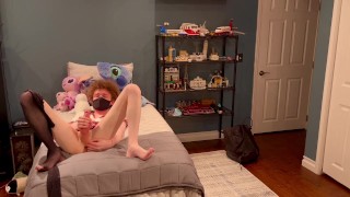 Femboy schoolgirl trap gets home and can’t resist playing with her cock and hole.