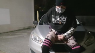 Solo femboy plays with self on car