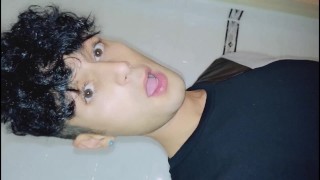 Twink with uncut cock piss in pee filled toilet at home