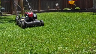 Readhead mowing lawn nude