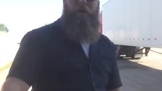 Horny hairy trucker beats meat outside truck