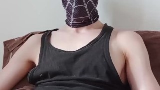 Spiderman jerks off and cums in his shorts