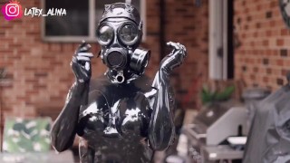 Black Latex Catsuit Gas Mask Enclosure 