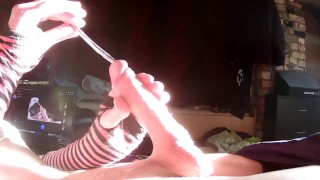 Cute femboy playing with sounding road and having a big cumshot
