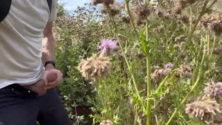 Outside masturbating my big cock in the bush.. hot, horny and hung straight guy 