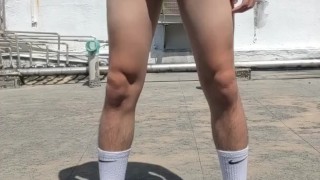Teen twink masturbate on the public rooftop with NIKE elite socks and Adidas slippers