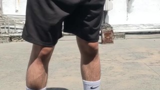 Teen twink masturbate on the public rooftop with NIKE elite socks and Adidas slippers