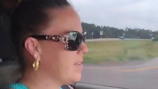 Cute Babe Smoking wearing Sunglasses and Mini Dress Driving Truck