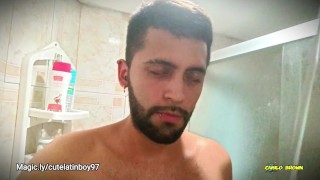 No hands water masturbation. Letting the stream of water fall on my big uncut cock until I cum
