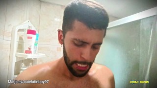 No hands water masturbation. Letting the stream of water fall on my big uncut cock until I cum