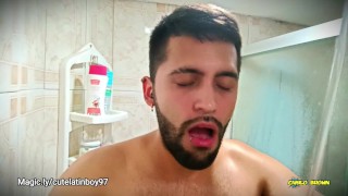 No hands water masturbation. Letting the stream of water fall on my big uncut cock until I cum