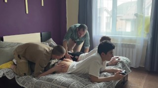 Stepdad and stepson fucked young friends in tight asses