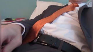 Gray suit orange tie masturbation cumshot businessman 