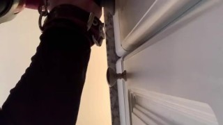 Bound chastity pup gets turned on practicing his oral training.