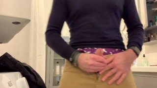 Bathroom Bating and cumming in my sagging jeans and boxers. NICE cum shot. verbal, moaning