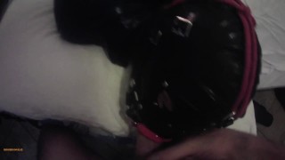 Milf hogtied in latex and high heels with a lip open mouth gag POV. Great mouth fucking action