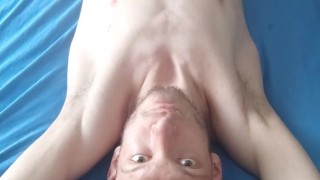 Extremely skinny teen with Perfect body shows off his muscles and wanks while laying on bed