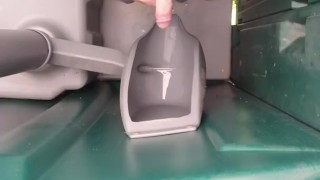 Peeing in a port-a-potty urinal, pissing with a small penis