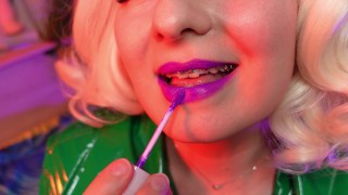 Lipstick closeup video - purple lips fetish ASMR video