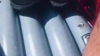 Jerking off outdoor on a boat with other people around… very risky! 