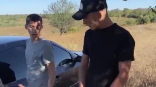 Straight guy fucked 18 year old student outdoor by car and both cum