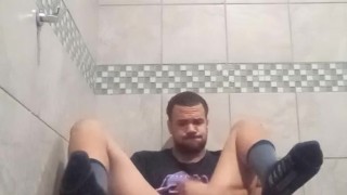 Stroking my bbc in planet fitness bathroom with cumshot 