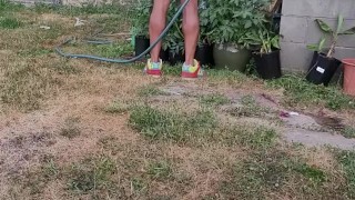 Kennie Jai gardens naked with a hard on