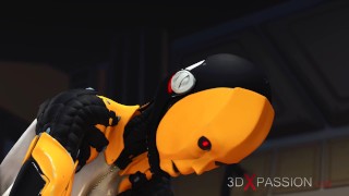 Futa sex robot plays with a female alien in the sci-fi lab