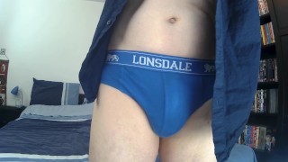 Kudoslong close-up in blue briefs as he takes out his cock pulls back his foreskin and wanks