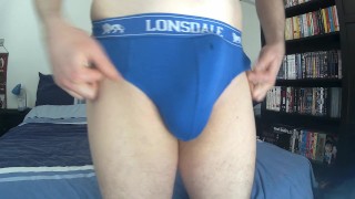 Kudoslong close-up in blue briefs as he takes out his cock pulls back his foreskin and wanks