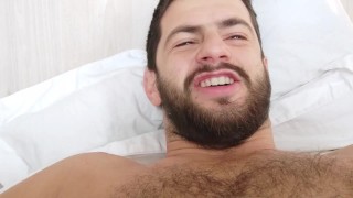 In bed with a hairy hunk - morning wood hard uncut cock - musky ripe pits and bedsheets