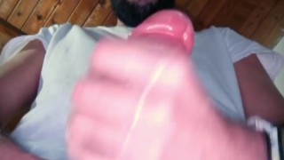 Intense masturbation with spit before bed I Stroke my big uncut latino cock until I shoot a BIG load