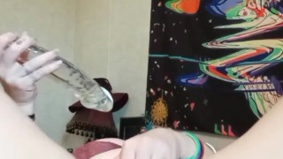 Glass dildo fucking tight pussy 