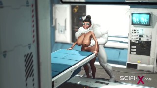 A sexy young busty ebony has hard anal sex with sex robot in the medbay