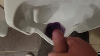 johnholmesjunior does a quick jerk off in open urinal movie theater bathroom