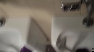 johnholmesjunior does a quick jerk off in open urinal movie theater bathroom